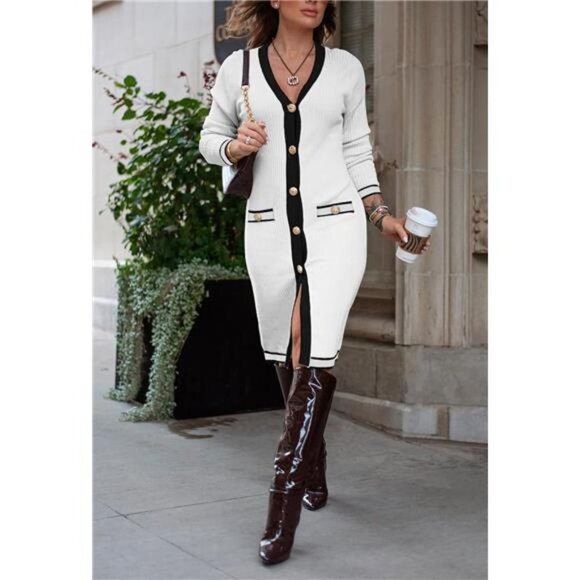 White Sexy Button Down Midi Sweater Dress V-Neck Colorblock Knit Sweater Dress White Sexy Button Down Midi Sweater Dress V-Neck Colorblock Knit Sweater Dress